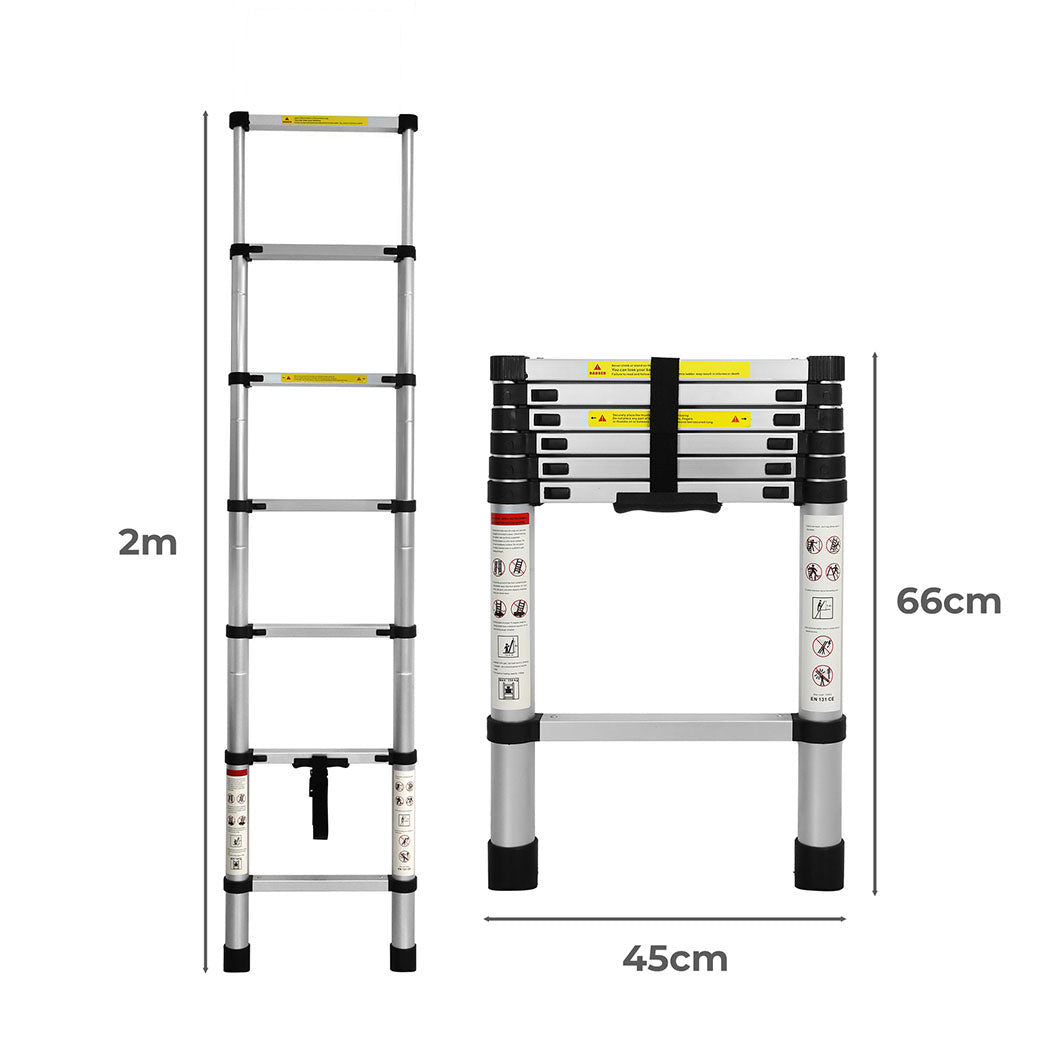 2m Multipurpose Telescopic Ladder Aluminium Silver Extendable