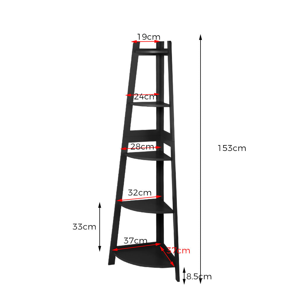 Contemporary 5 Tier Corner Shelf Wooden Storage Black  Durable Frame