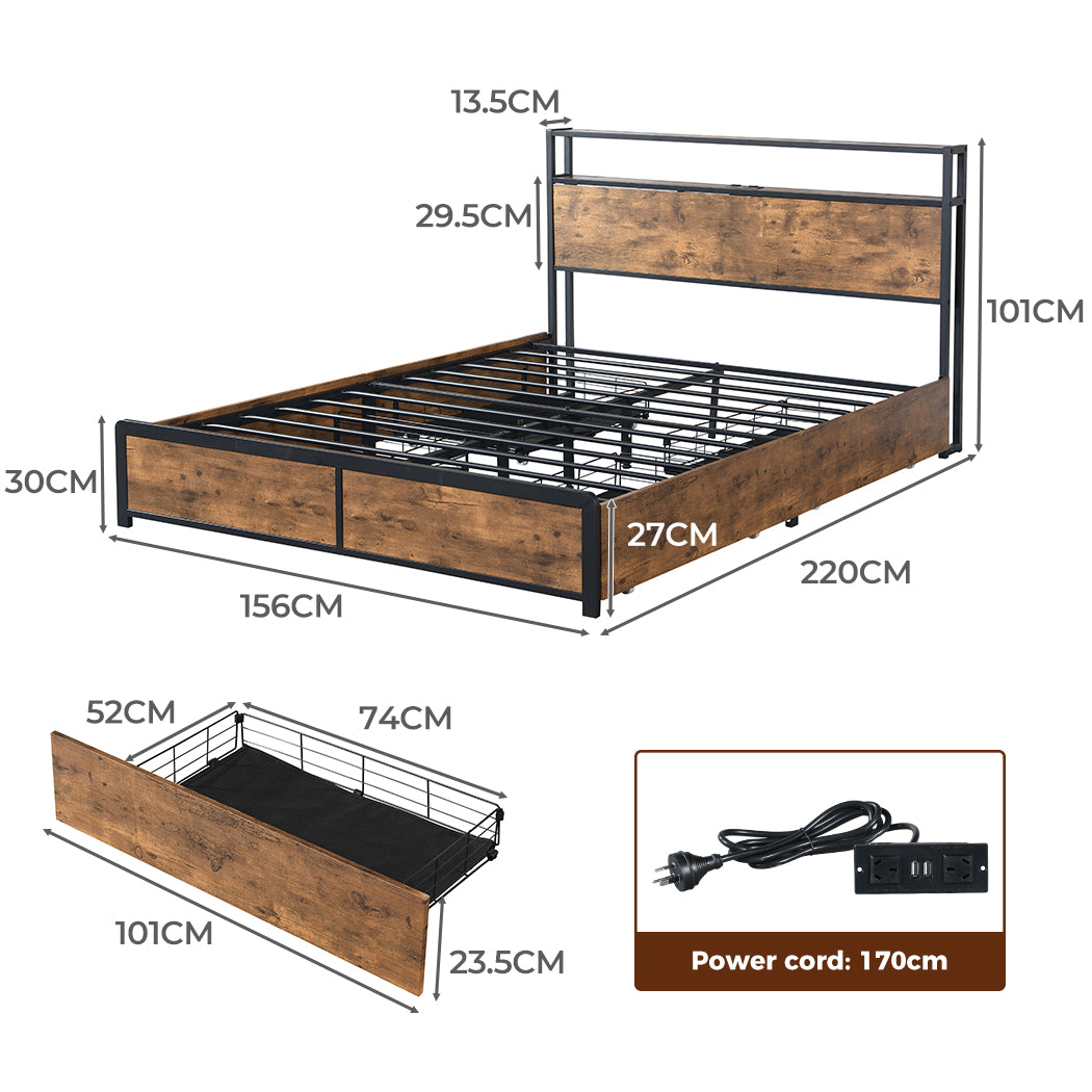 Luxury Scandi Inspired Design - Queen Bed Frame With RGB LED And 4 Storage Drawers USB Charging