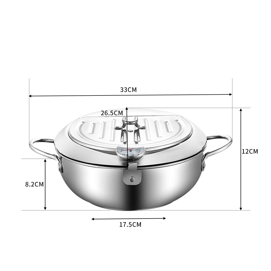 24cm Japanese Deep Frying Pan Pot with Thermometer Kitchen Tempura Fryer Silver