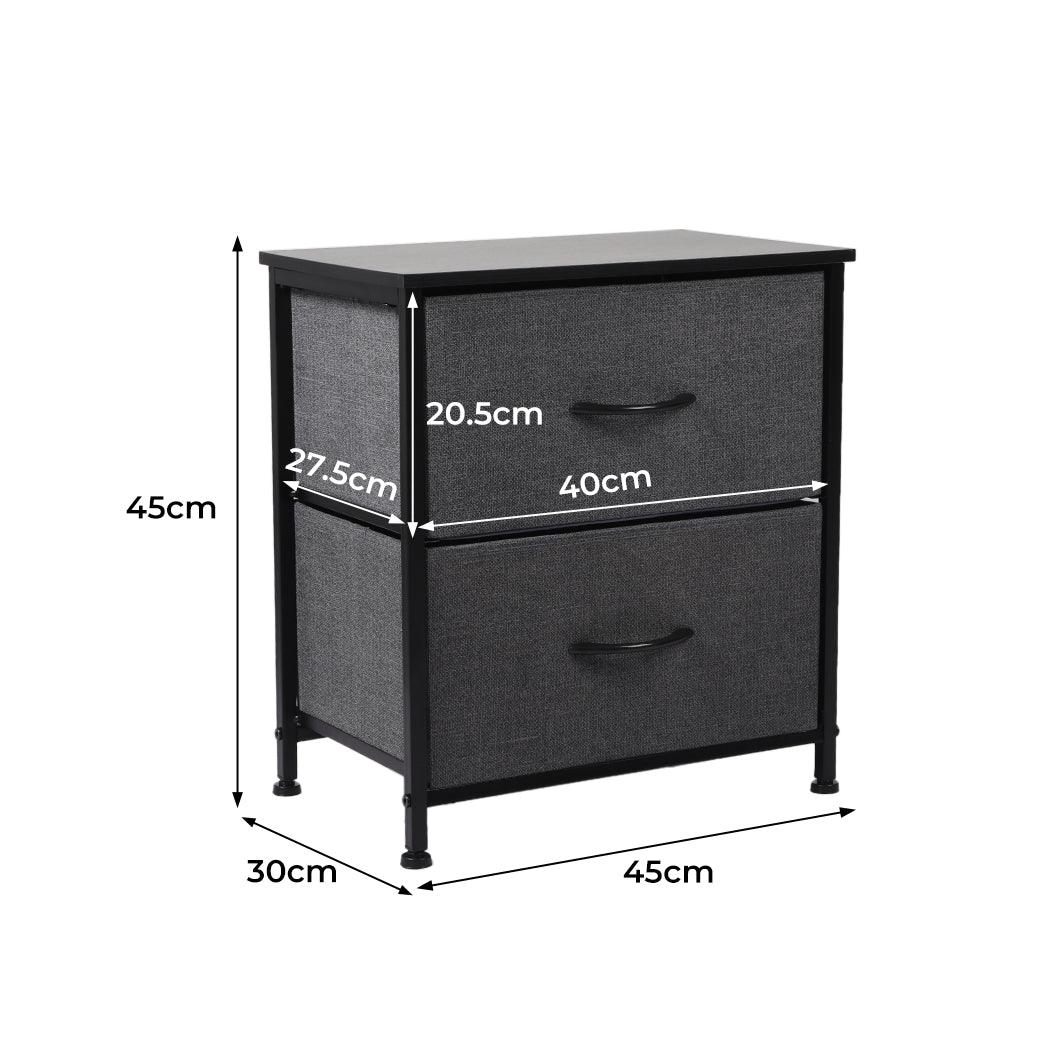 Tower Bedside Table Dresser - Storage Cabinet Chest of 2 Drawers Dark Grey