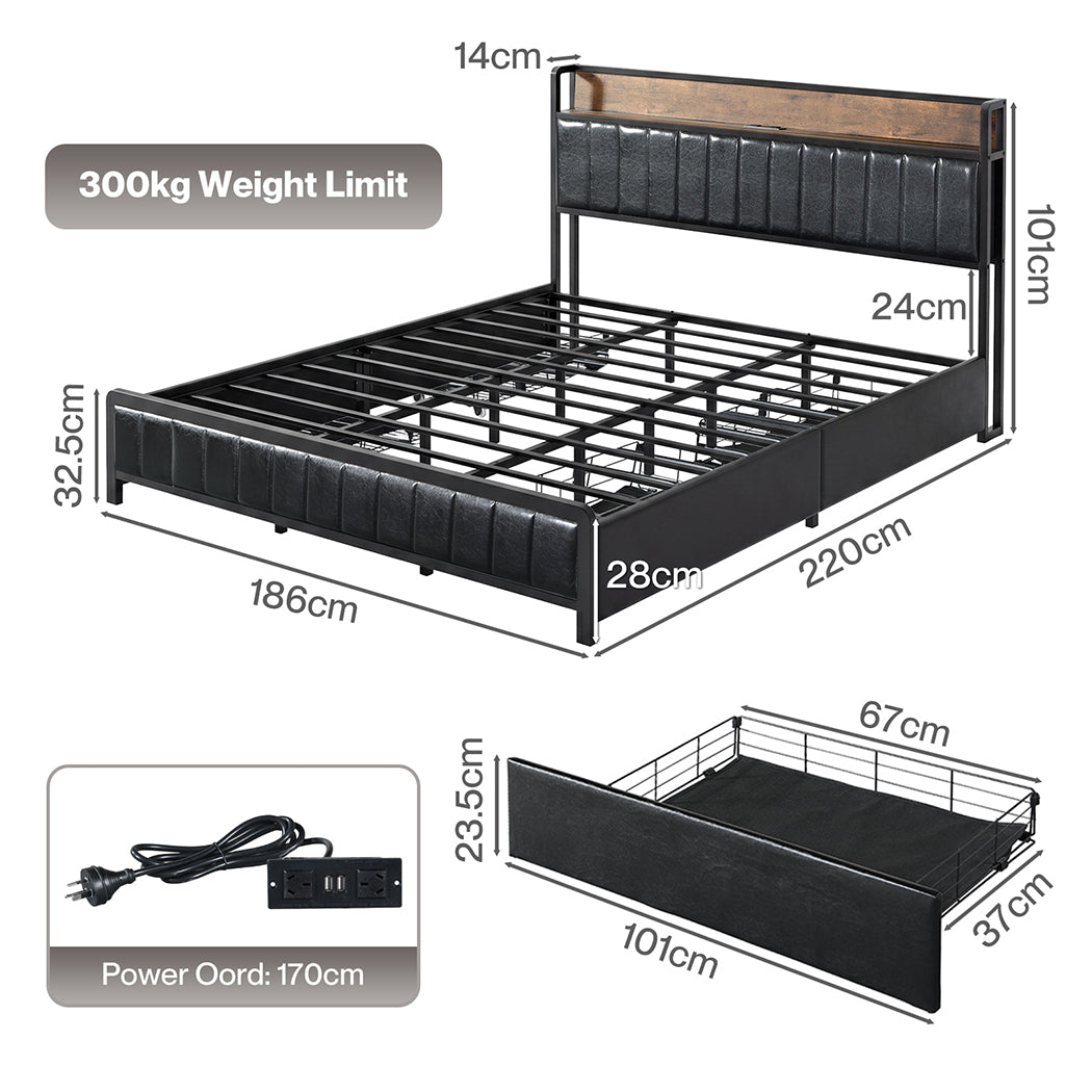 King Bed Frame Storage Drawer 220x186x101cm