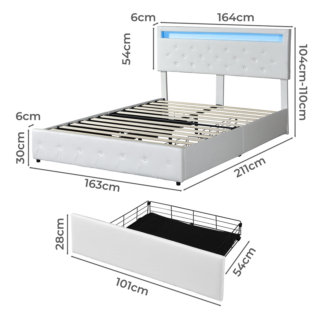 Queen Bed Frame With RGB LED And 4 Storage Drawers USB