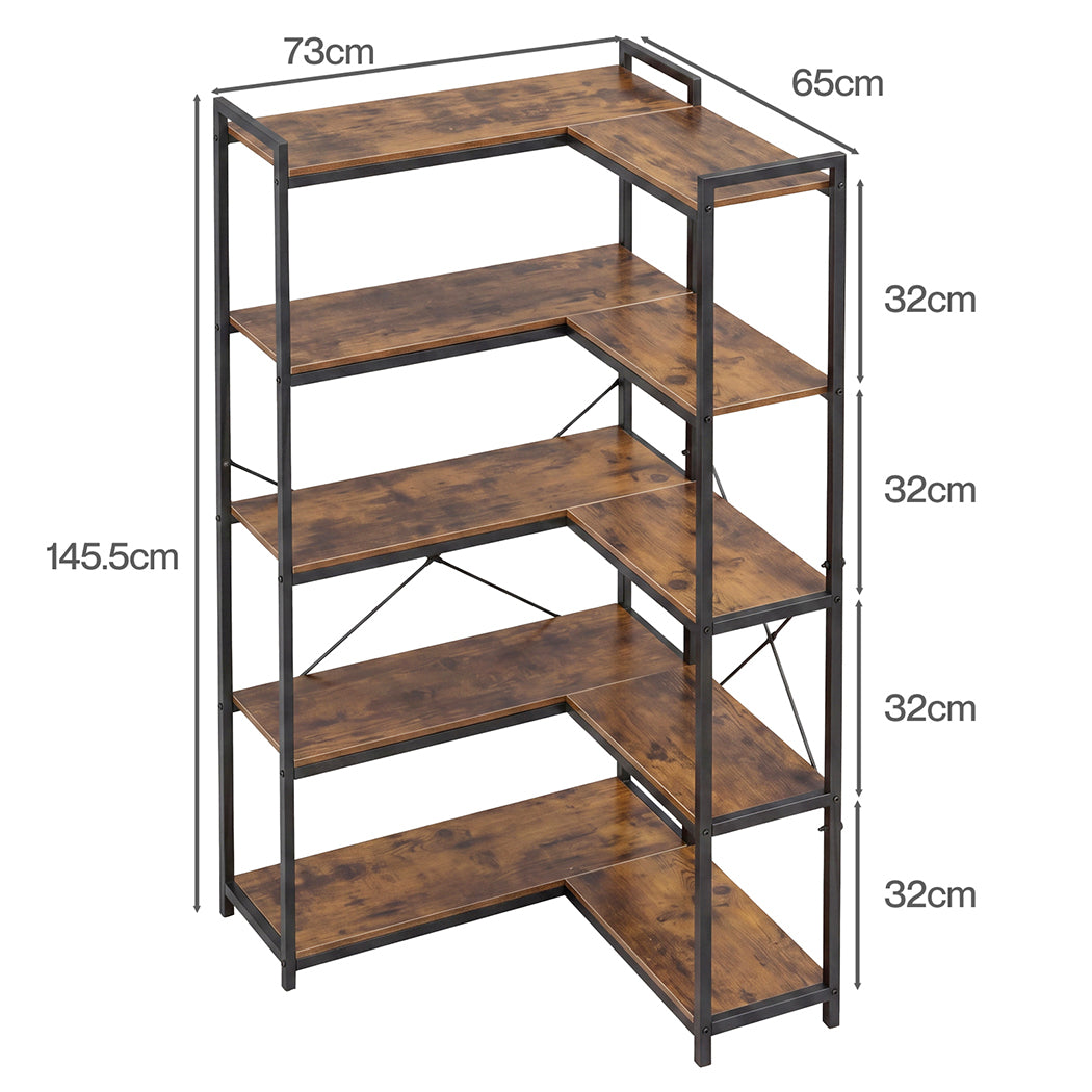 5 Tier Corner Bookshelf L-Shape Storage Brown | Simpledeals