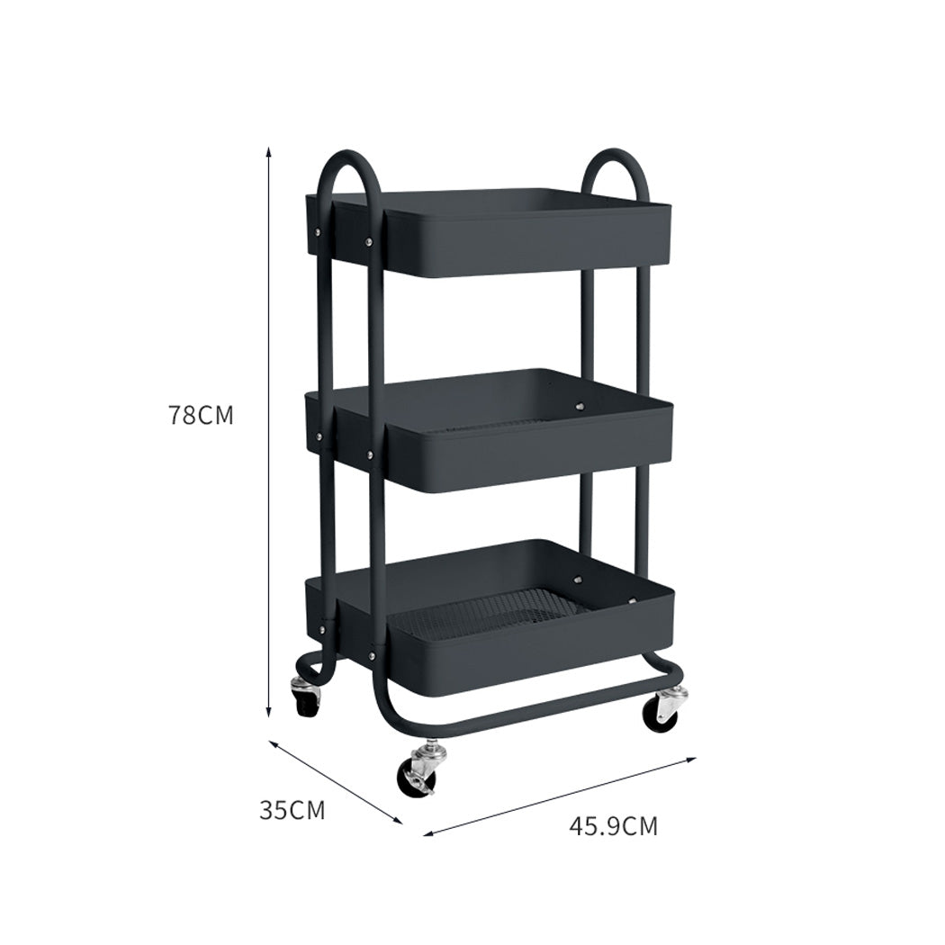 Steel Storage Rack - 3 Tiers Kitchen Trolley Cart Grey