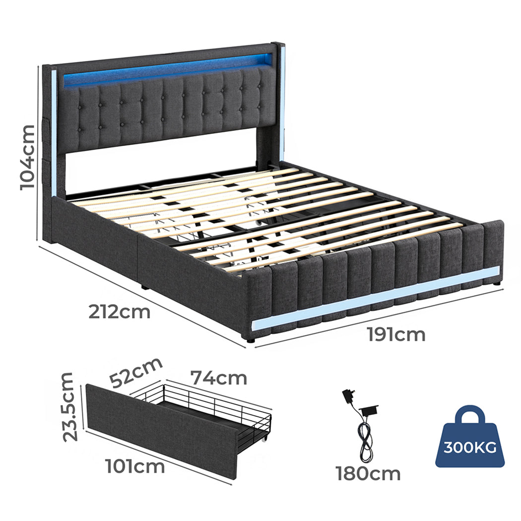 King Bed Frame With Fabric Storage Drawer And LED USB