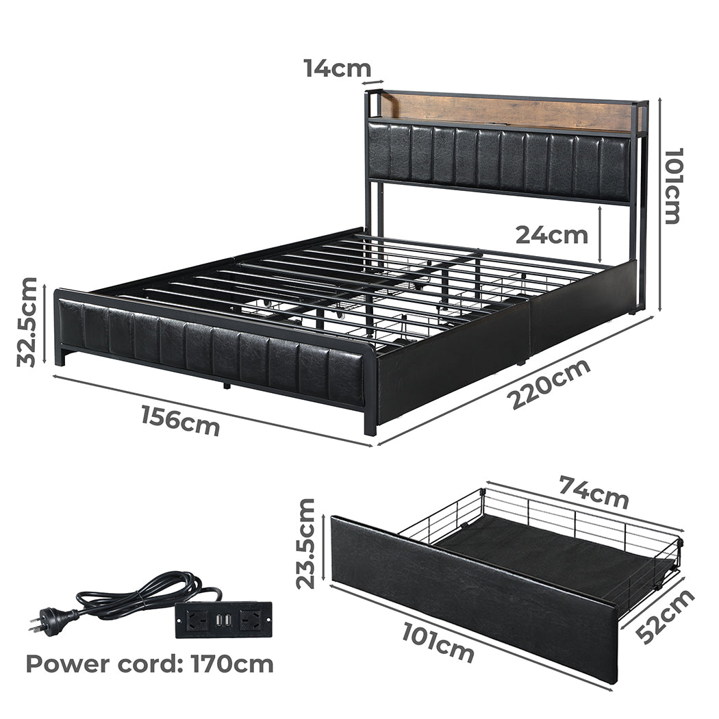 Queen Bed Frame With 4 Storage Drawers With USB Charge