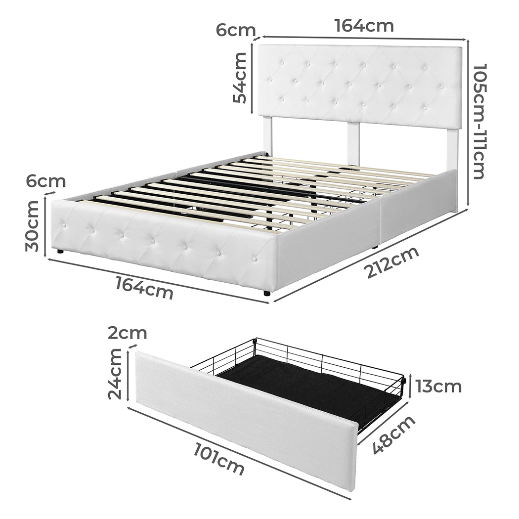 Queen Bed Frame Tufted Upholstered With 4 Storage Drawers