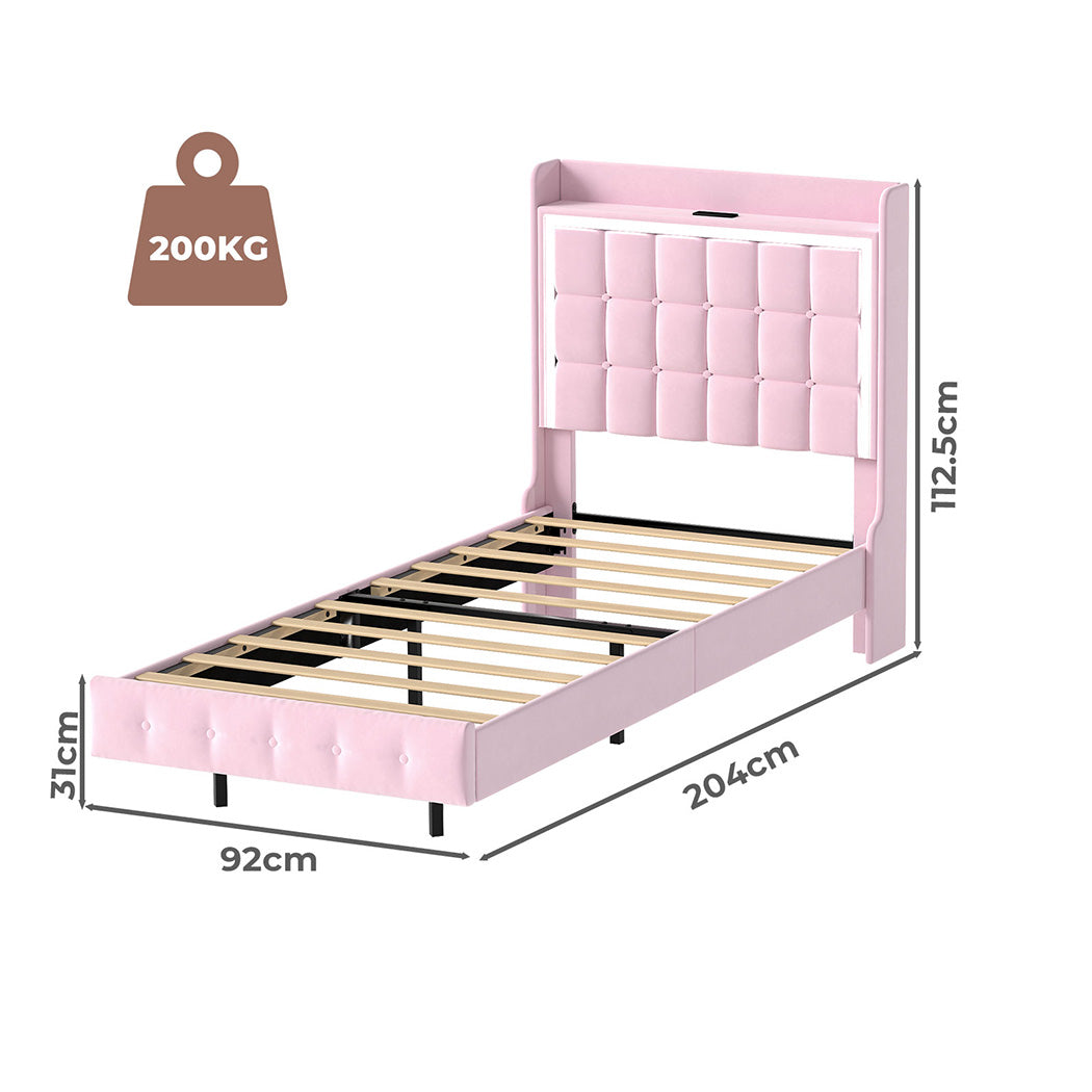 Floating Bed Frame LED Headboard Pink 204x92x112.5cm