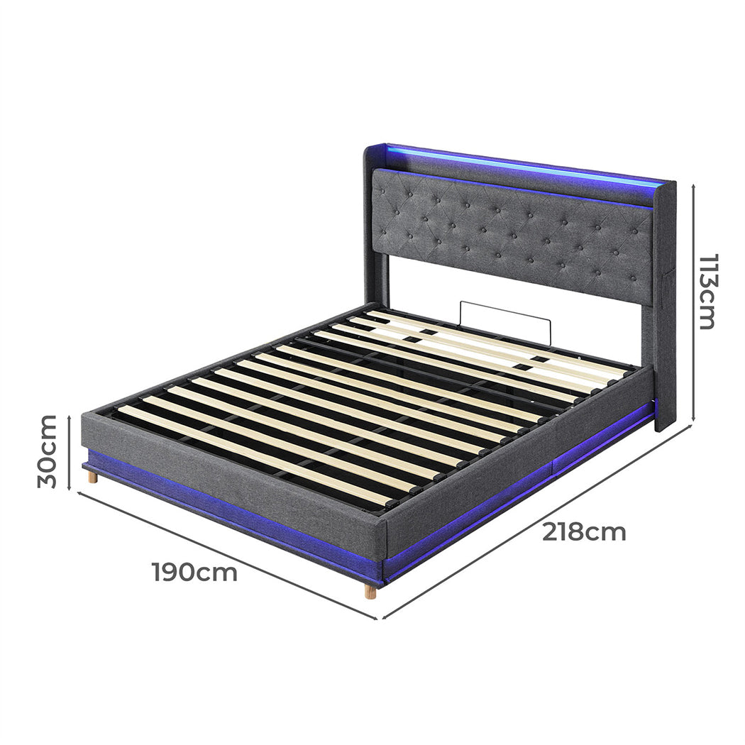 King Bed Frame With Gas Lift Storage And LED Light USB Charging