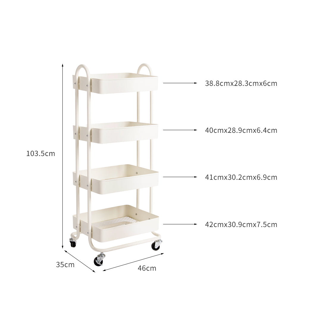 Steel Storage Rack Shelf - 4 Tiers Kitchen Trolley Cart White