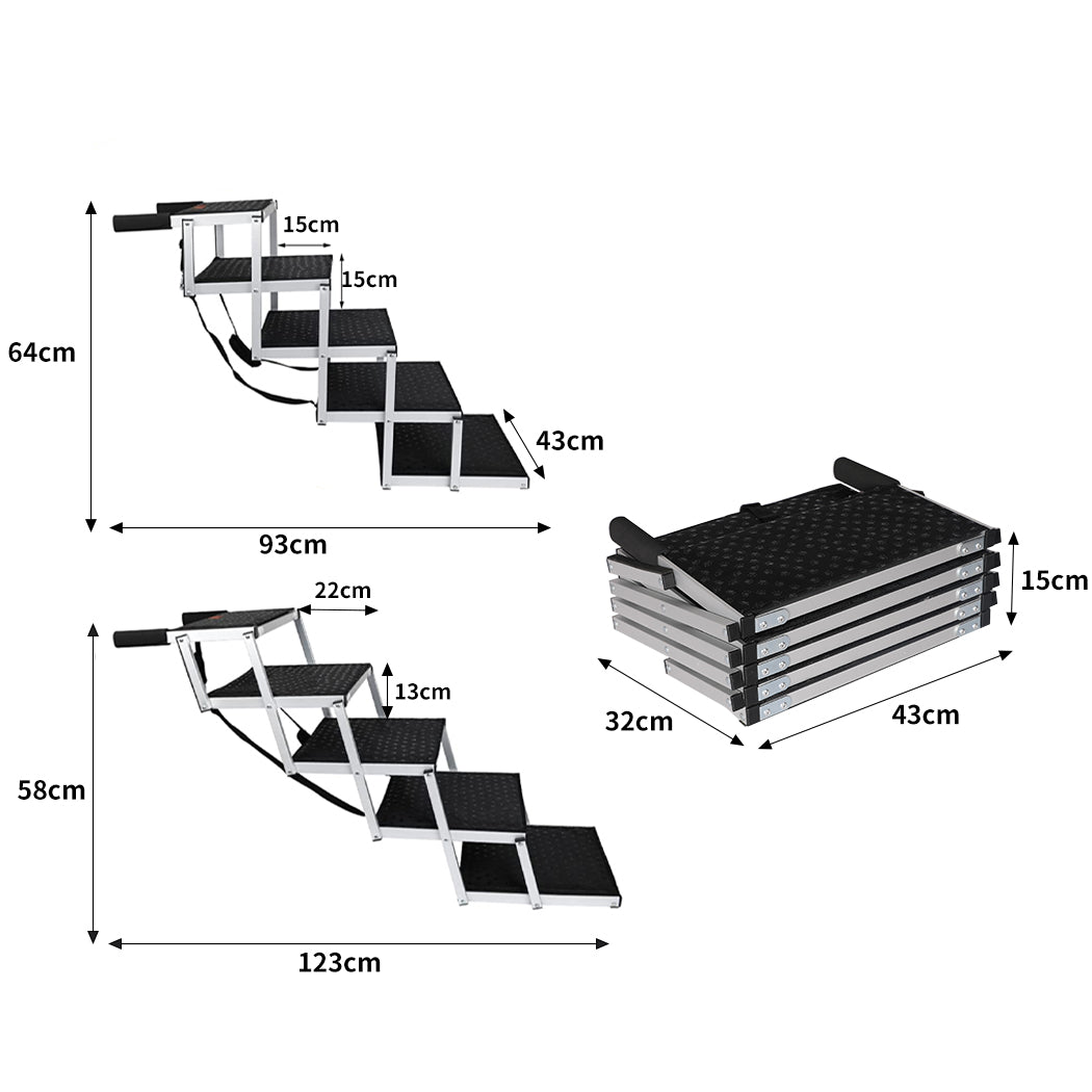 5-Step Dog Ramp Adjustable Height Black Portable Pet Stairs for Dogs