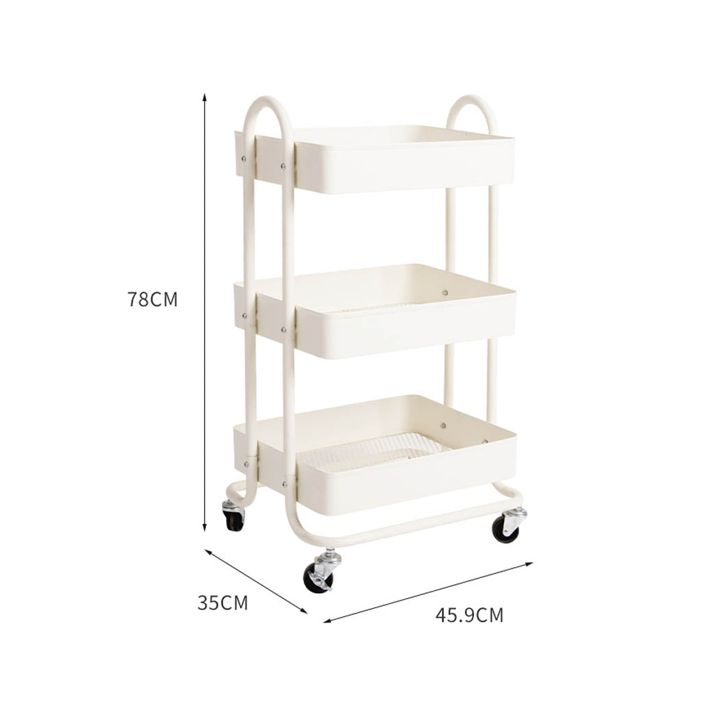 3 Tier Storage Trolley Steel Rolling Cart White, Steel finish