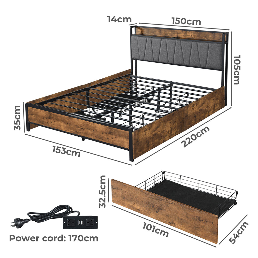 Queen Bed Frame With Soft Storage Drawers And USB Charging Headboard