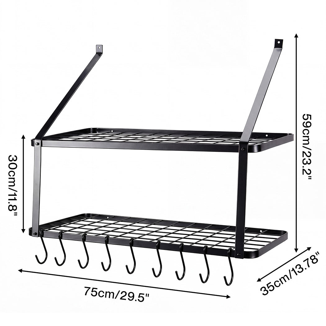 Wall Mounted Pot Pan Rack 10 Hooks Matte Black | Simpledeals
