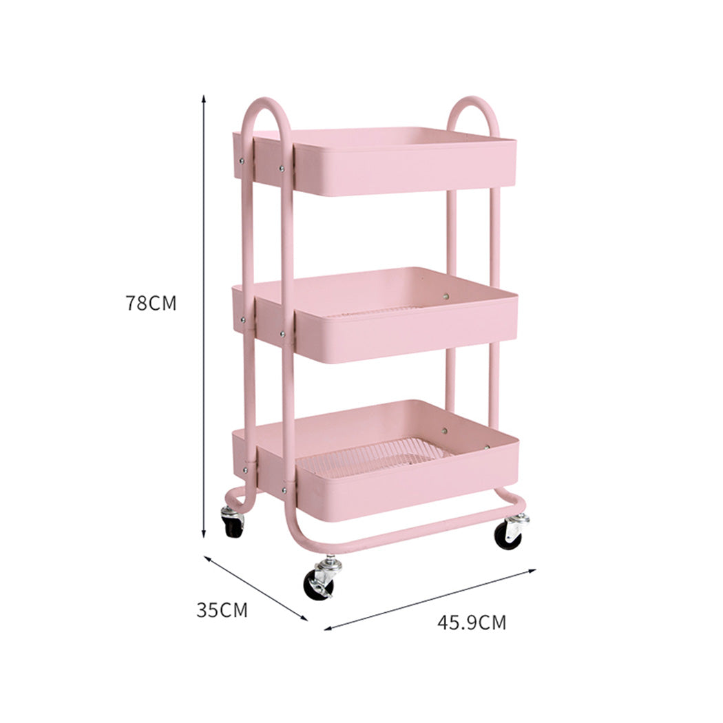 Steel Storage Rack - 3 Tiers Kitchen Trolley Cart Pink