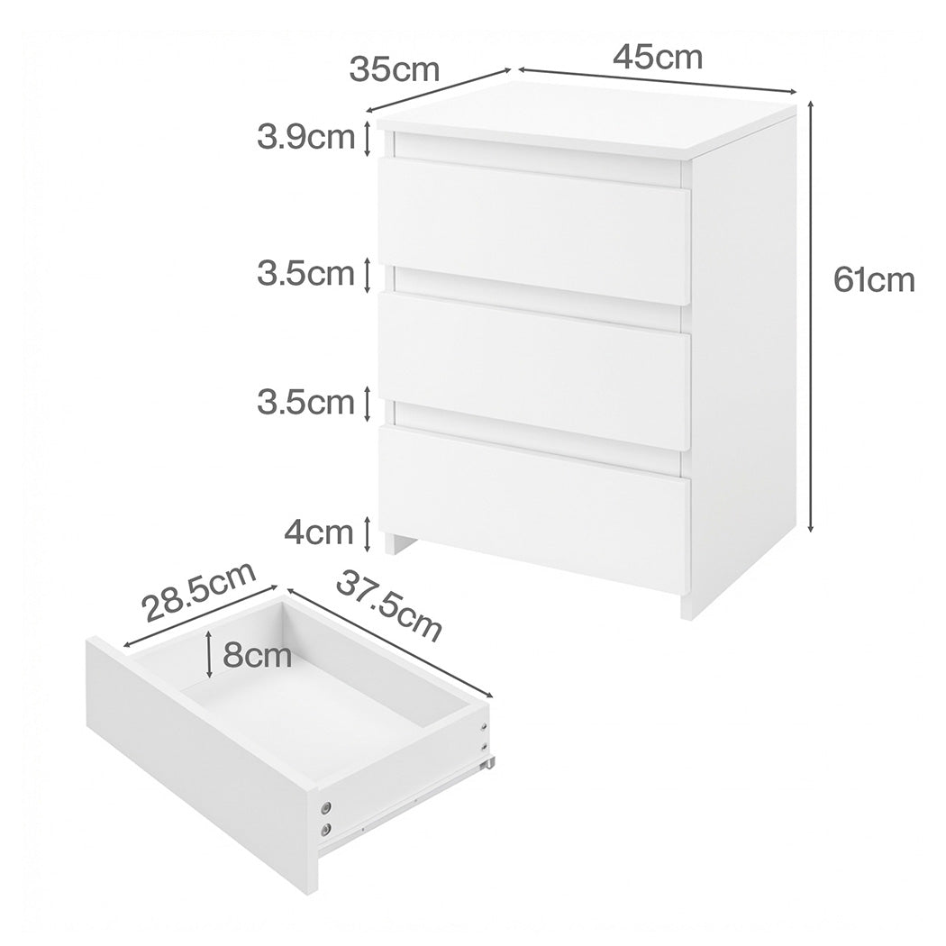 Bedside Table 3 Drawers White 45x35x61cm