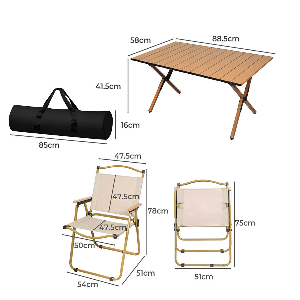 Folding Camping Table & Chair Set Oak Portable Outdoor Furniture