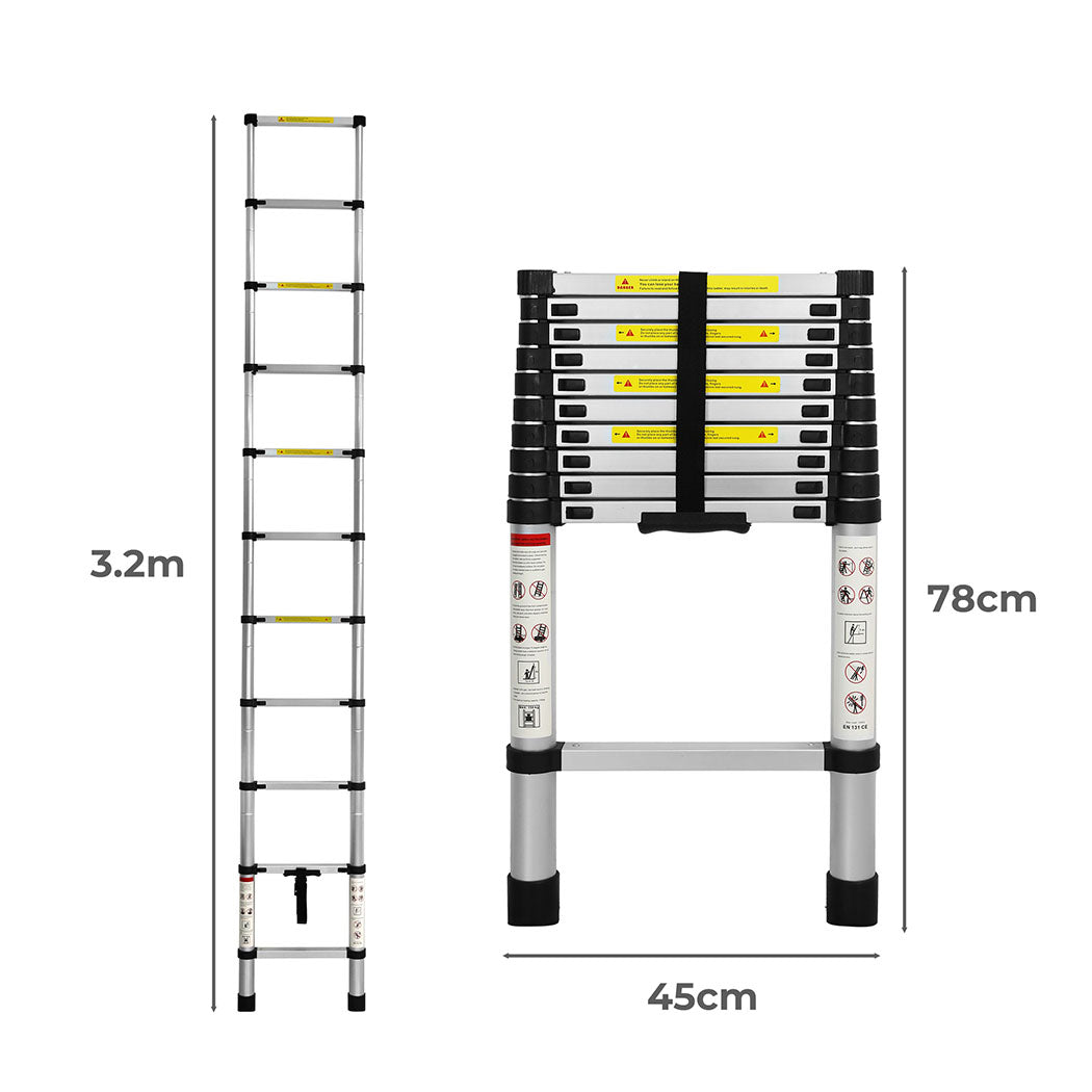 3.2M Telescopic Ladder Aluminium Extendable Folding Ladder 150kg