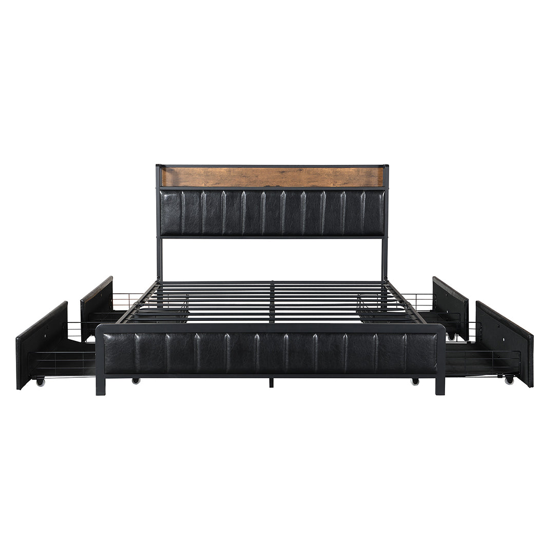 Queen Bed Frame With 4 Storage Drawers With USB Charge