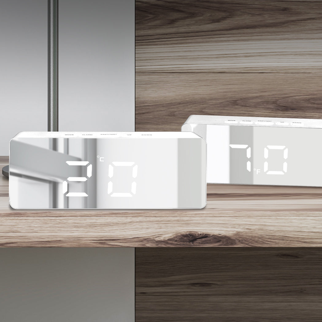 Alarm Clock Digital Led Mirror Desk Silver | SC2 id