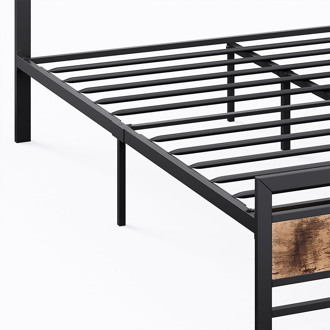 Metal Bed Frame With Wooden Slats Queen Mattress Base Set