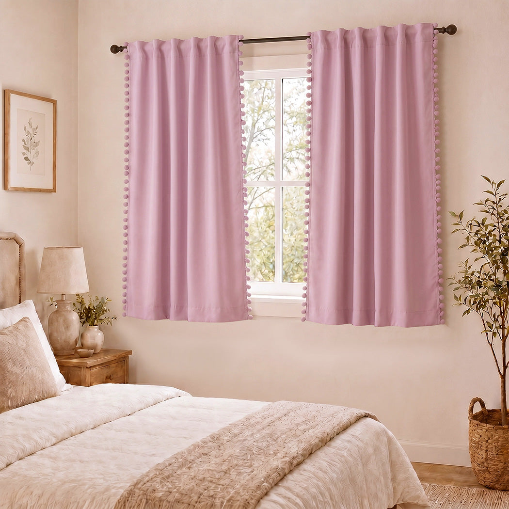 Pink Blackout Curtains Pom Pom 132x160cm | Simpledeals