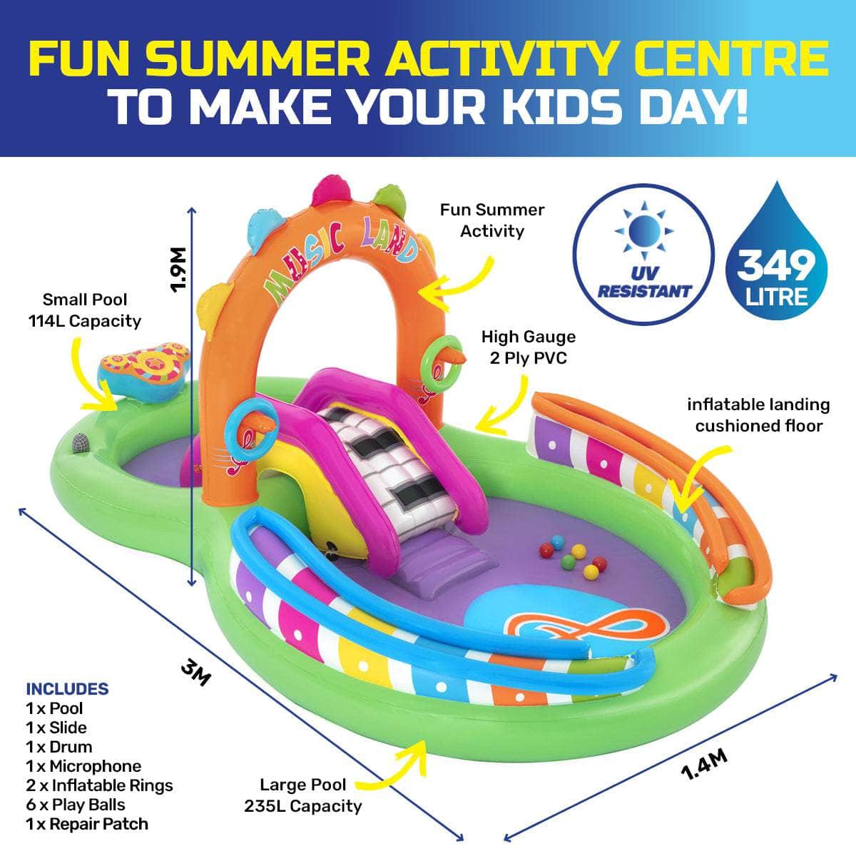Inflatable Sing & Splash Water Fun Park Pool & Slide 349L