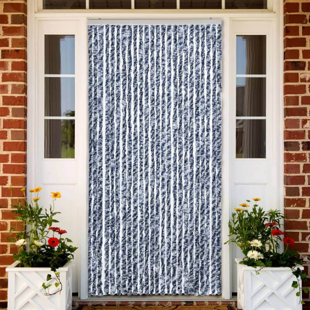 Insect Chenille curtain Blue, White and Silver