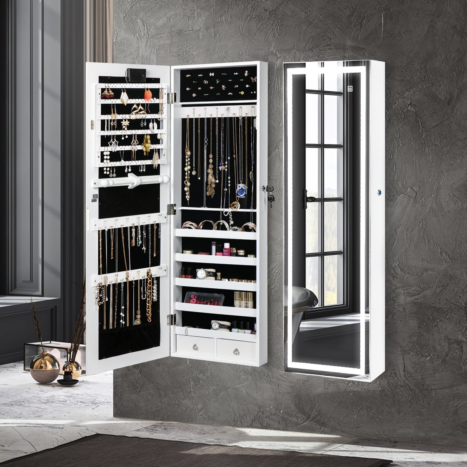 Stylish Mirror Jewellery Cabinet Touch  Foldable Function Classic