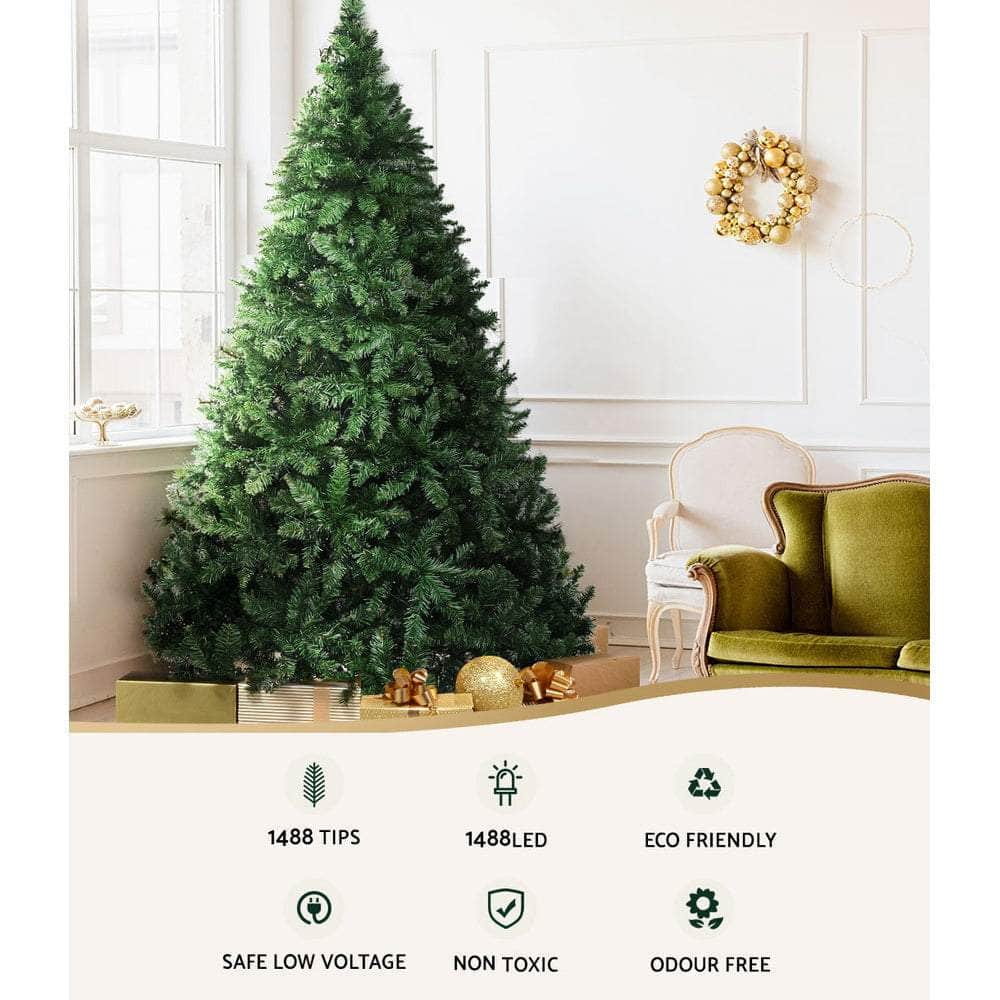 Jingle Jollys 2.4M 8FT Christmas Tree 1488 LED Lights 1488 Tips Warm White Green