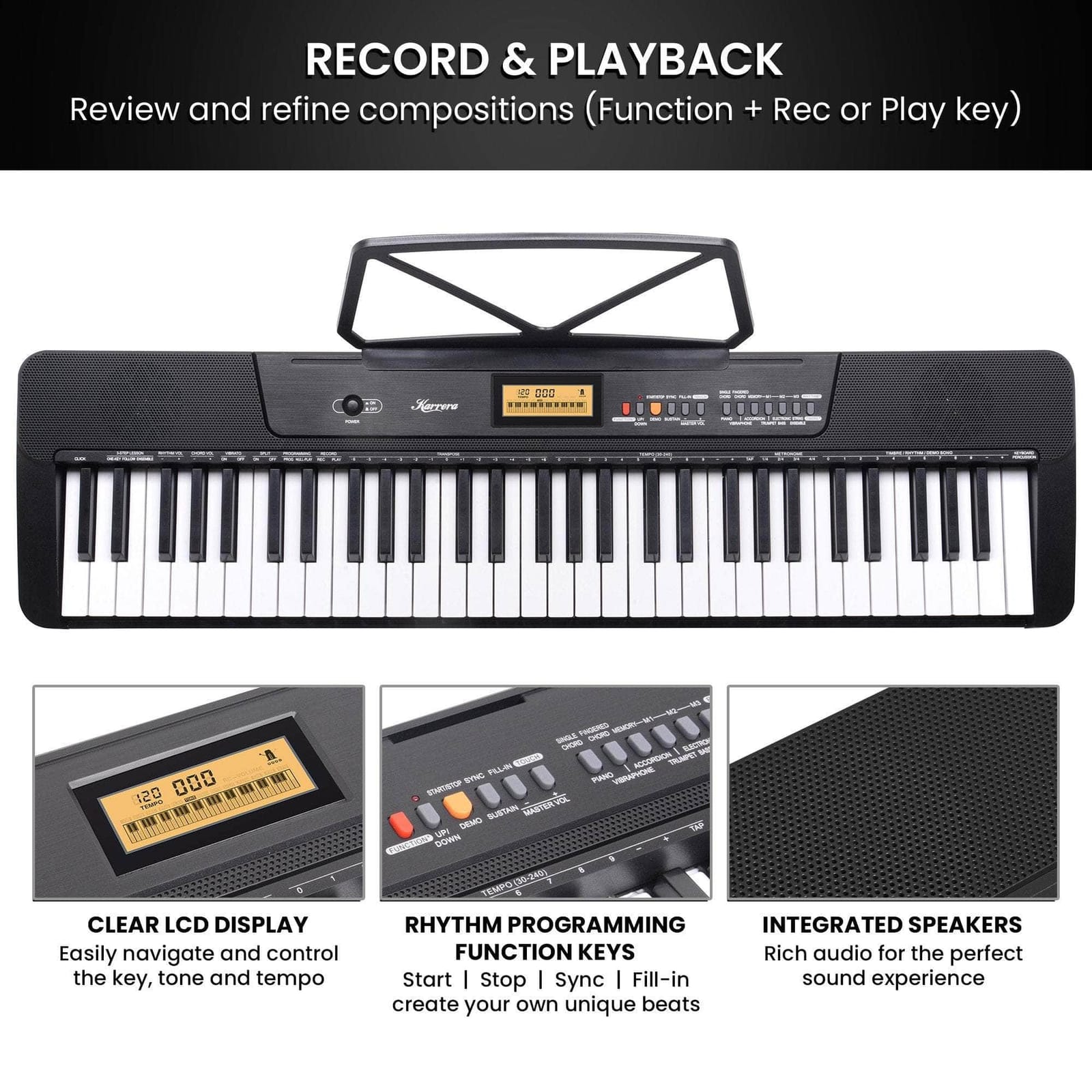 61-Key Electronic Keyboard with LCD Display and Touch Response