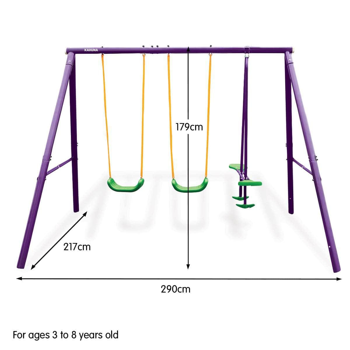 Kids 4-Seater Swing Set Purple Green with outdoor toys
