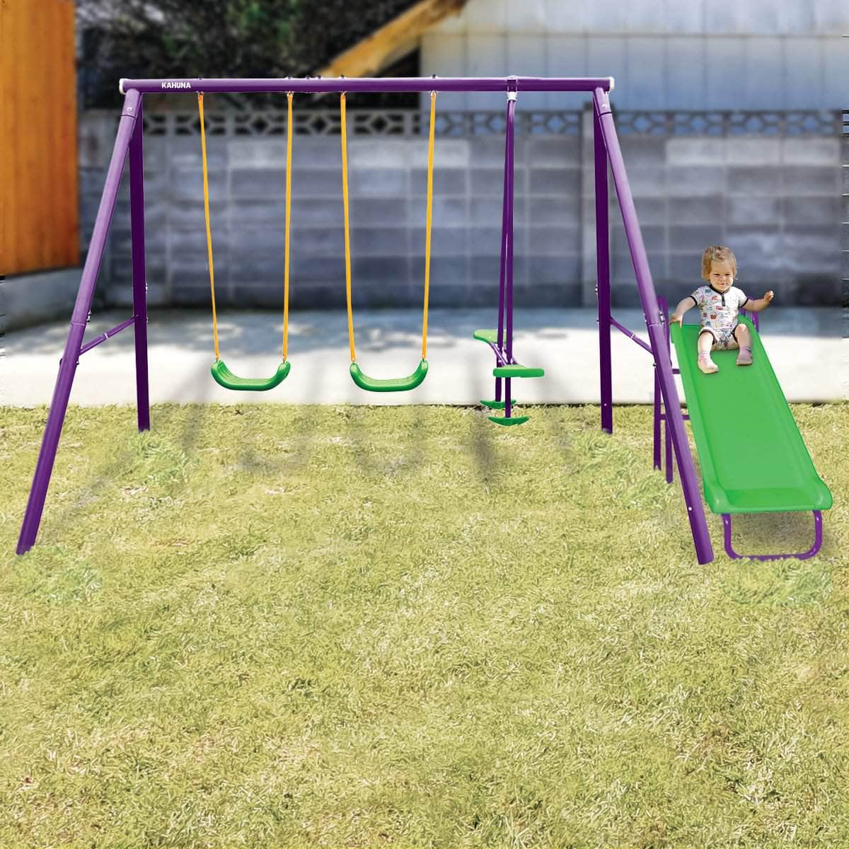outdoor toys - Kids 4-Seater Swing Set with Slide Purple Green
