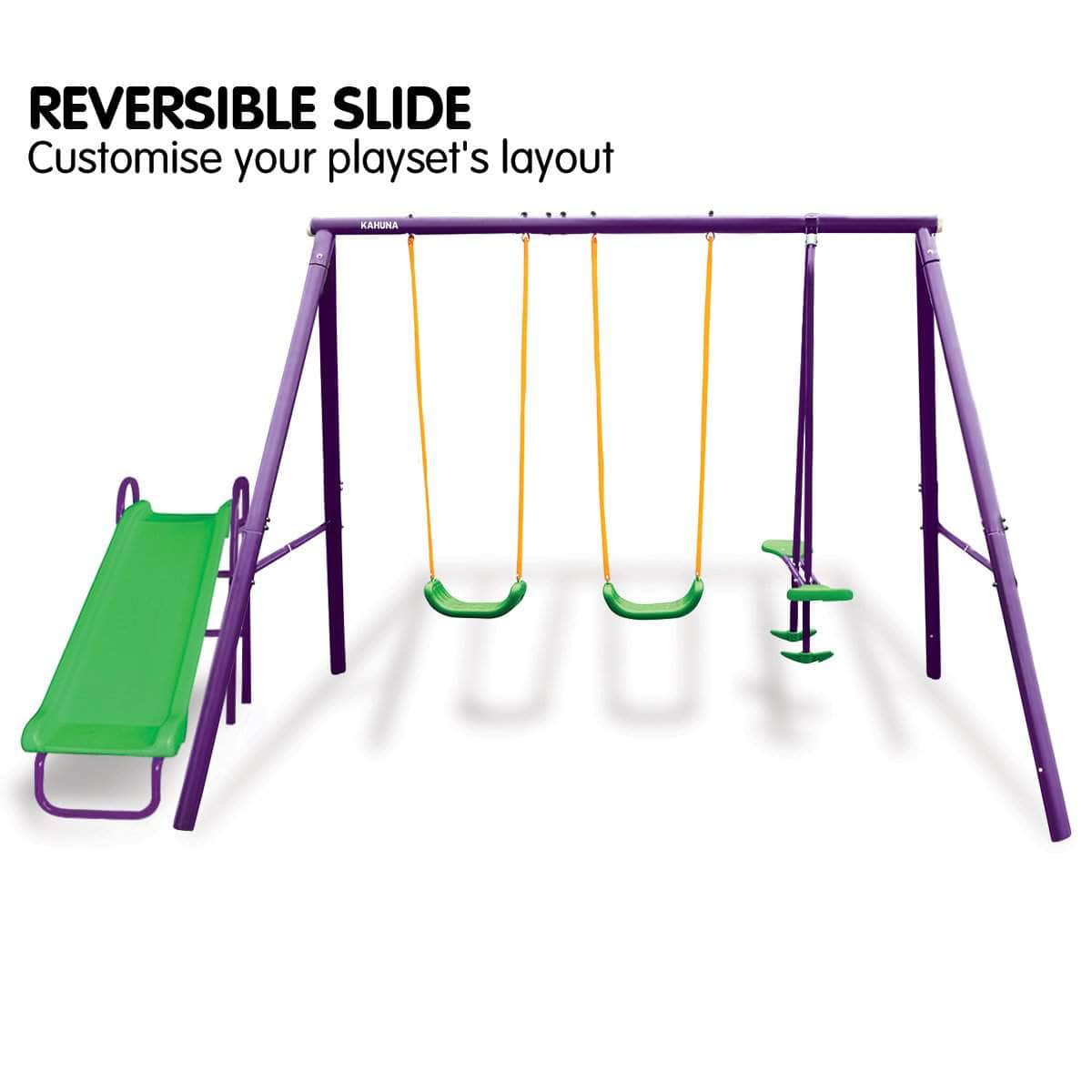Kids 4-Seater Swing Set with Slide Purple Green | outdoor toys
