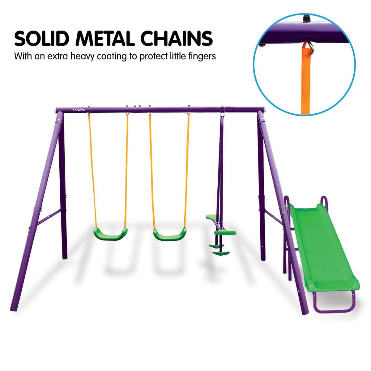 Kids 4-Seater Swing Set with Slide Purple Green with outdoor toys