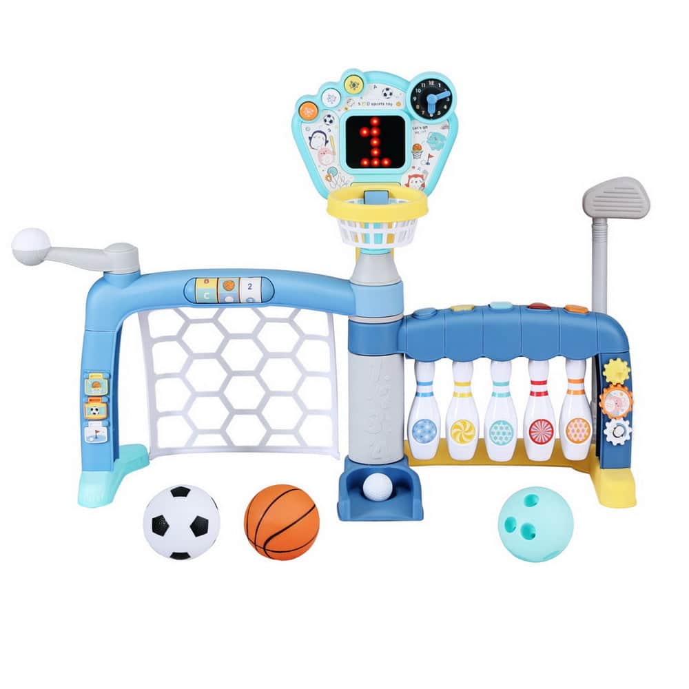 Kids Basketball Hoop Stand Bowling Baseball Golf Game Sports Toys Set Blue