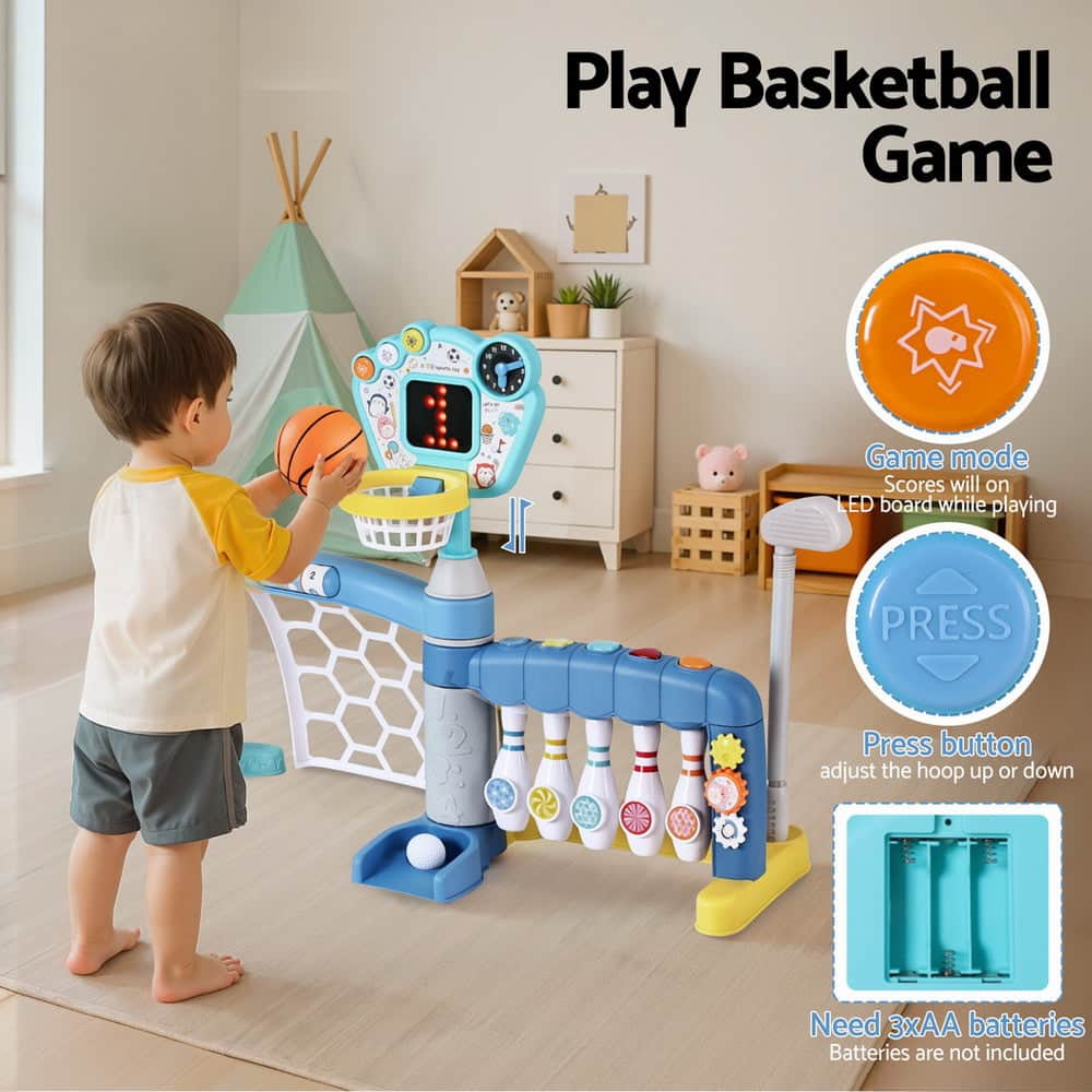 Kids Basketball Hoop Stand Bowling Baseball Golf Game Sports Toys Set Blue