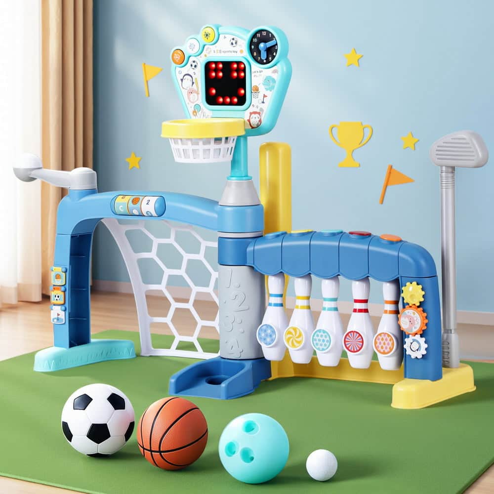 Kids Basketball Hoop Stand Bowling Baseball Golf Game Sports Toys Set Blue