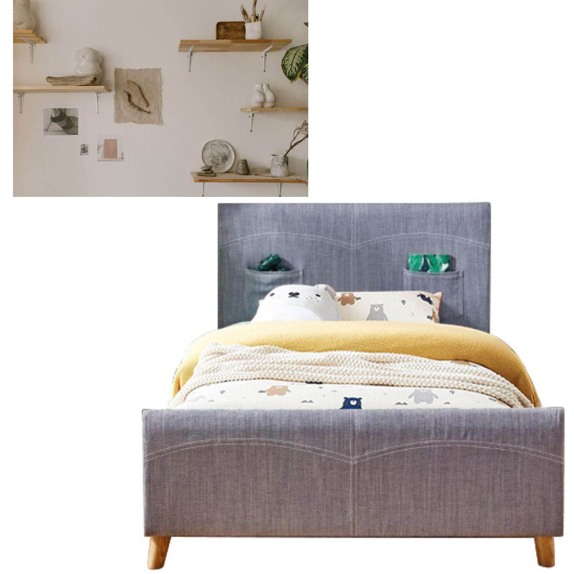 Kids King Single Bed Fabric Upholstered Children Kid Timber Frame - Steel
