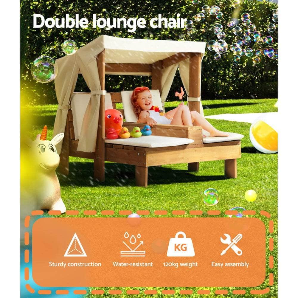 Kids Outdoor Double Wooden Lounge Chair with Canopy Chaise Cup Holders