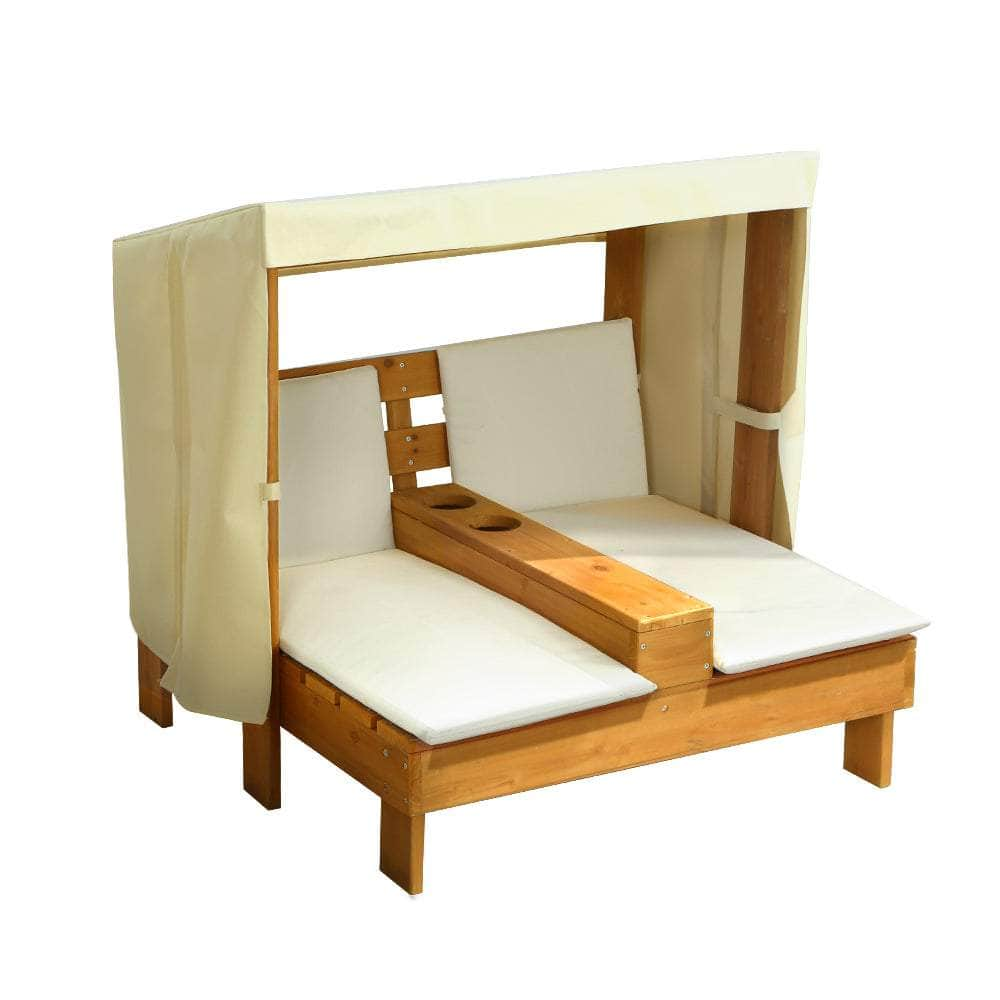 Kids Outdoor Double Wooden Lounge Chair with Canopy Chaise Cup Holders