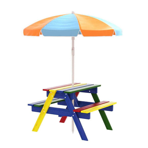 Kids Outdoor Table And Chairs Picnic Bench Seat Umbrella Colourful Wooden