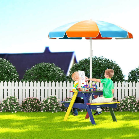 Kids Outdoor Table And Chairs Picnic Bench Seat Umbrella Colourful Wooden