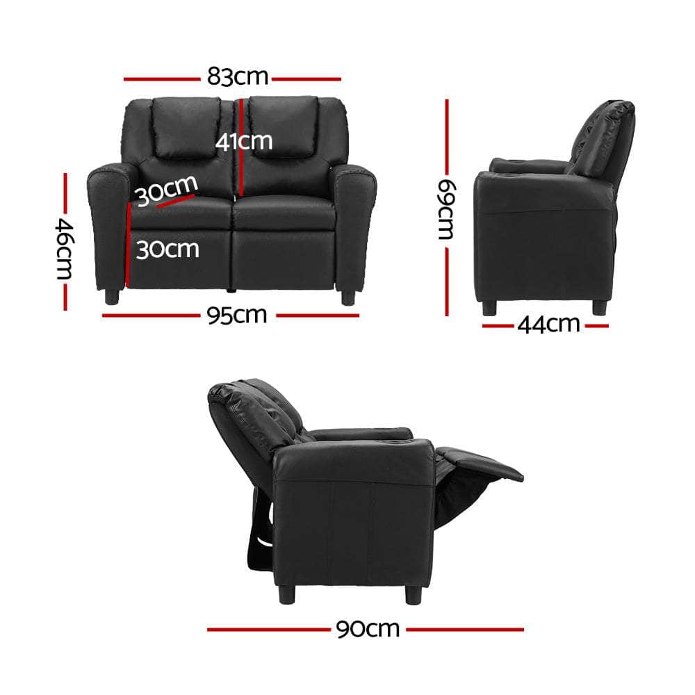 Kids Recliner Chair Double Pu Leather Sofa Lounge Couch Armchair Black