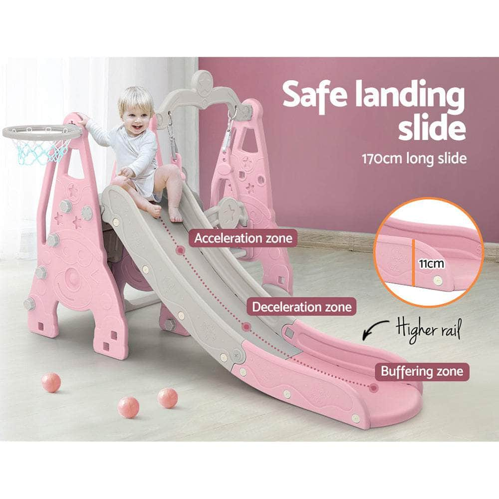 Kids Slide 170Cm Extra Long Swing Basketball Hoop Toddlers Playset Pink