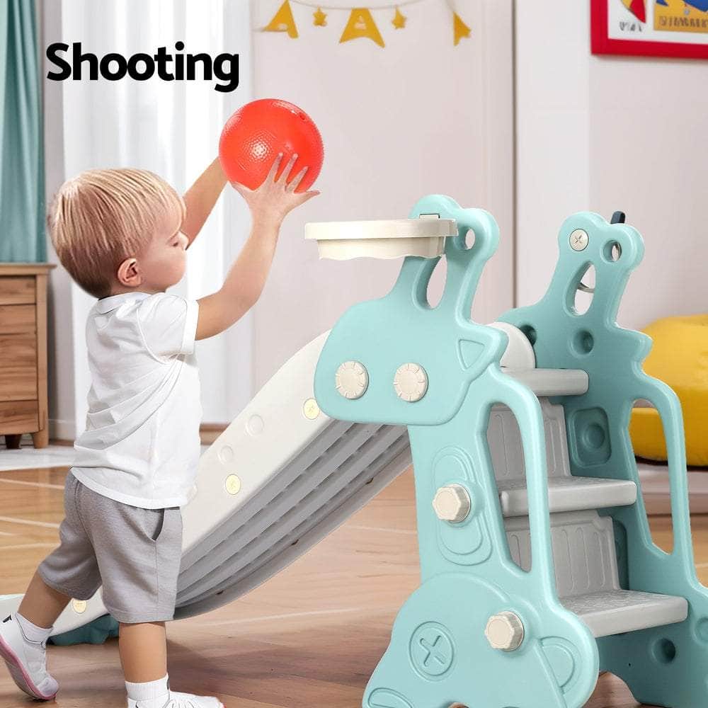 Kids Slide Set Basketball Hoop Ring Outdoor Playground Toy Deer 140Cm Blue