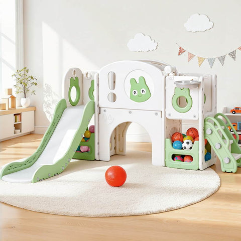 Kids Slide Swing Set Ball Hoop Rings Football Outdoor Toys Green