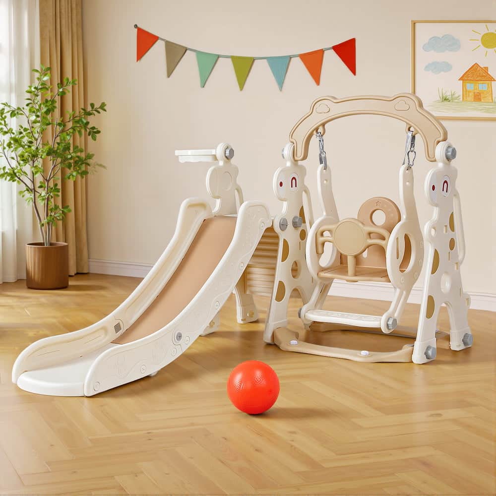 Kids Slide Swing Set Basketball Hoop Outdoor Playground Toys 160cm Beige