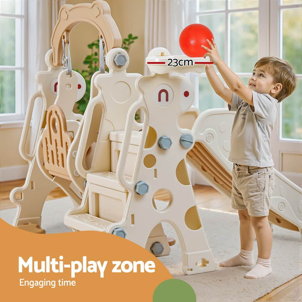 Kids Slide Swing Set Basketball Hoop Outdoor Playground Toys 160cm Beige